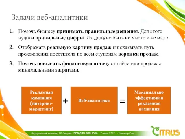 Задачи веб-аналитики Помочь бизнесу принимать правильные решения. Для этого нужны правильные цифры.