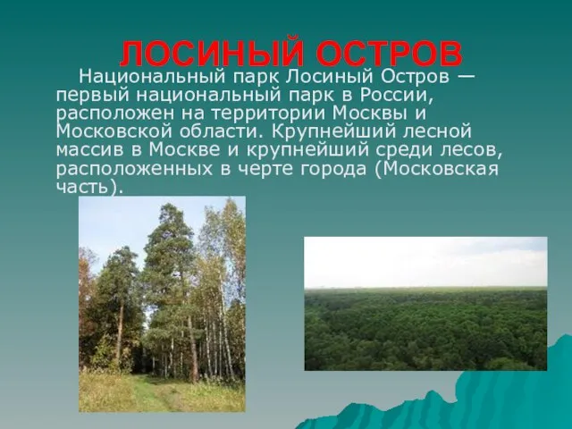 ЛОСИНЫЙ ОСТРОВ Национальный парк Лосиный Остров — первый национальный парк в России,