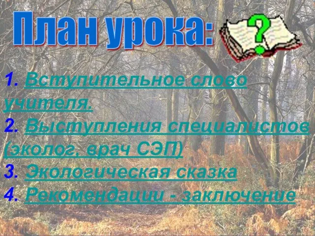 План урока: 1. Вступительное слово учителя. 2. Выступления специалистов (эколог, врач СЭП)