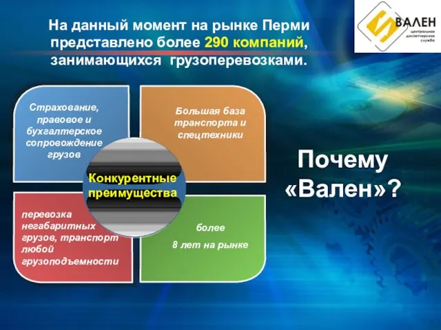 Почему «Вален»? Страхование, правовое и бухгалтерское сопровождение грузов Большая база транспорта и