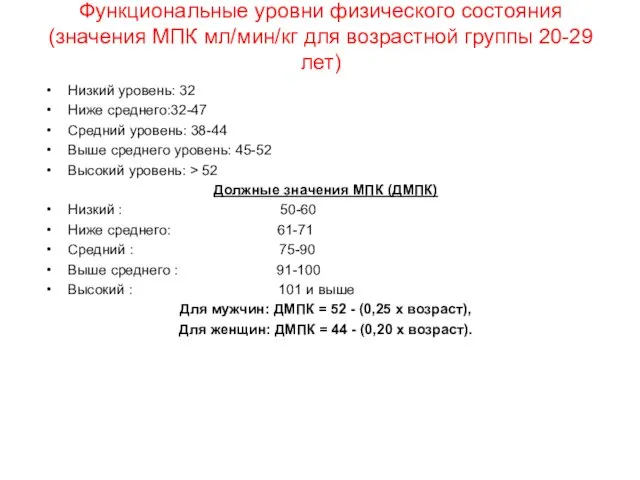 Функциональные уровни физического состояния (значения МПК мл/мин/кг для возрастной группы 20-29 лет)