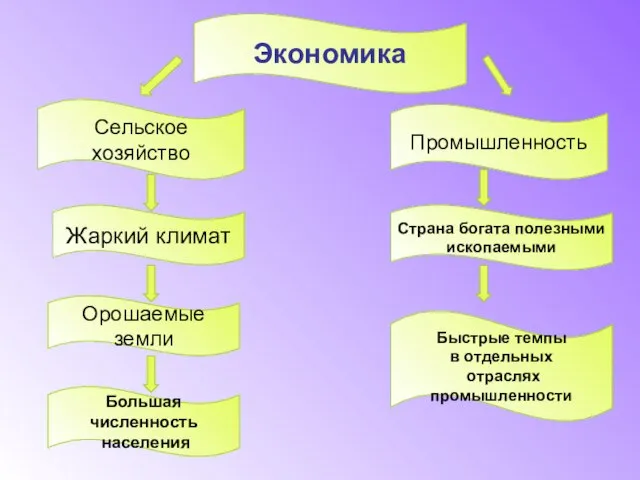 Экономика Сельское хозяйство Орошаемые земли Промышленность Жаркий климат Большая численность населения Страна