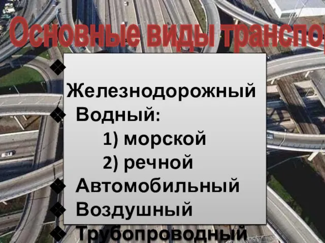 Основные виды транспорта Железнодорожный Водный: 1) морской 2) речной Автомобильный Воздушный Трубопроводный