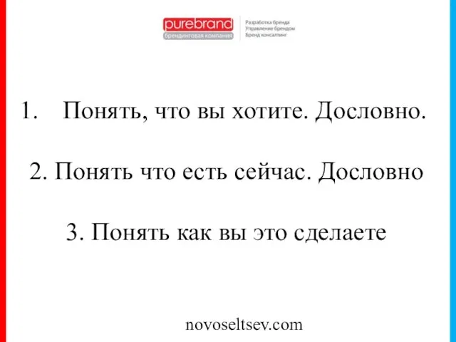 novoseltsev.com Понять, что вы хотите. Дословно. 2. Понять что есть сейчас. Дословно