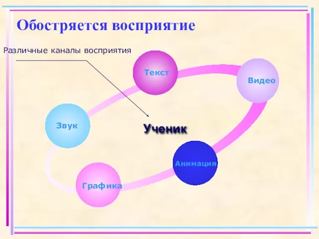 Обостряется восприятие Звук Текст Видео Анимация Графика Ученик Различные каналы восприятия