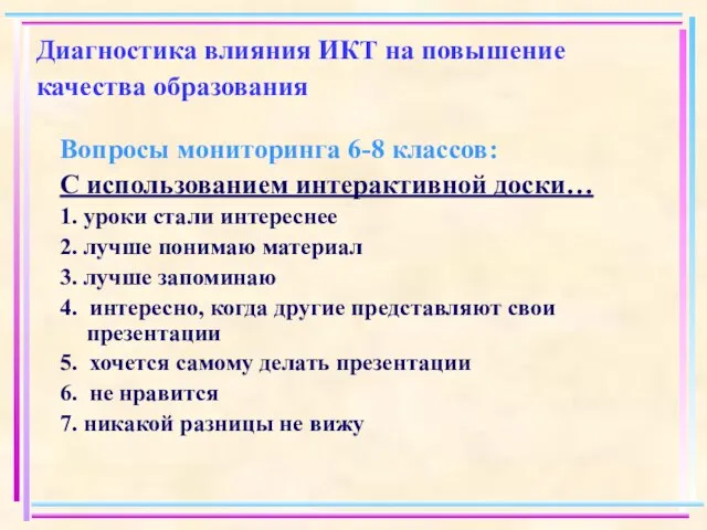 Диагностика влияния ИКТ на повышение качества образования Вопросы мониторинга 6-8 классов: С