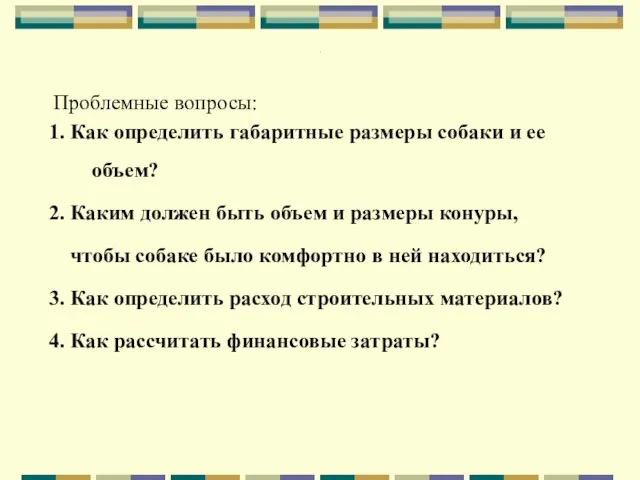 . Проблемные вопросы: 1. Как определить габаритные размеры собаки и ее объем?