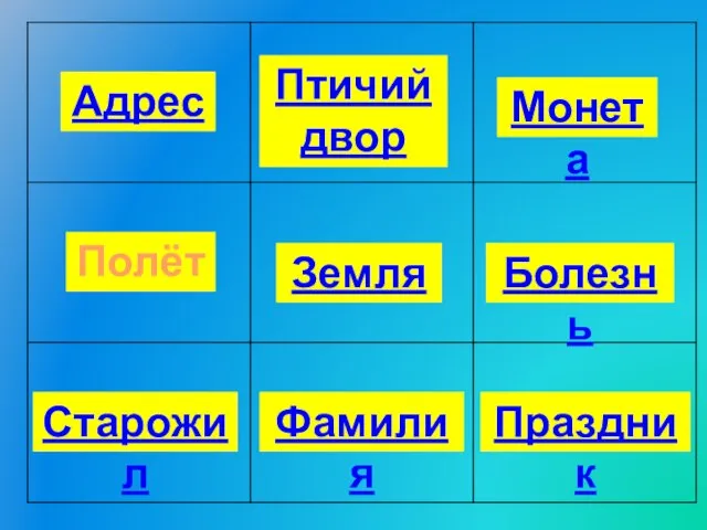 Адрес Праздник Фамилия Старожил Болезнь Земля Монета Птичий двор Полёт