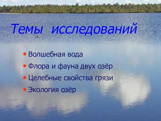 Темы исследований Волшебная вода Флора и фауна двух озёр Целебные свойства грязи Экология озёр