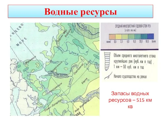 Водные ресурсы Запасы водных ресурсов – 515 км кв