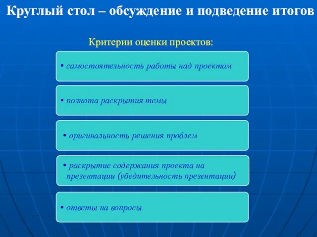 Круглый стол – обсуждение и подведение итогов Критерии оценки проектов: самостоятельность работы