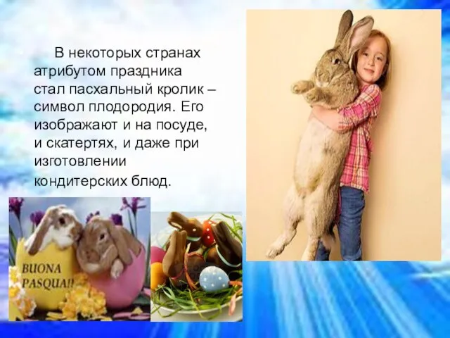 В некоторых странах атрибутом праздника стал пасхальный кролик – символ плодородия. Его