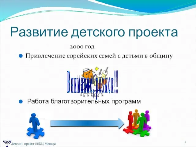 Развитие детского проекта 2000 год Привлечение еврейских семей с детьми в общину