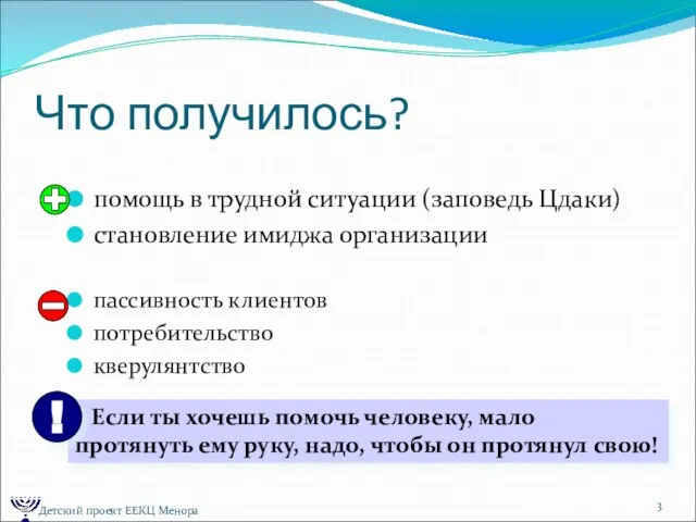 Что получилось? помощь в трудной ситуации (заповедь Цдаки) становление имиджа организации пассивность