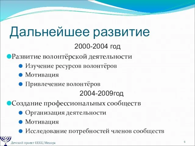 2000-2004 год Развитие волонтёрской деятельности Изучение ресурсов волонтёров Мотивация Привлечение волонтёров 2004-2009год