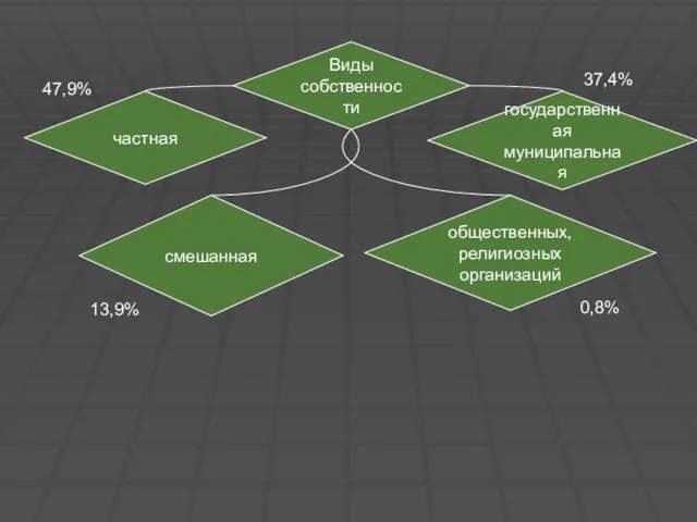 Виды собственности частная государственная муниципальная смешанная общественных, религиозных организаций 47,9% 37,4% 13,9% 0,8%