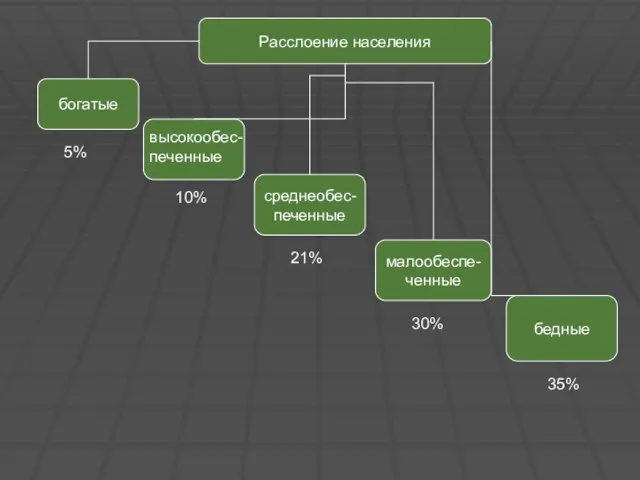 Расслоение населения богатые среднеобес- печенные малообеспе- ченные бедные высокообес- печенные 5% 10% 21% 30% 35%