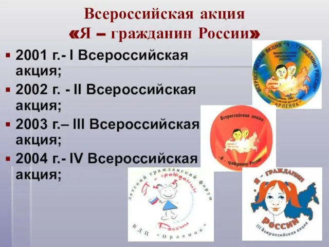 Всероссийская акция «Я – гражданин России» 2001 г.- I Всероссийская акция; 2002