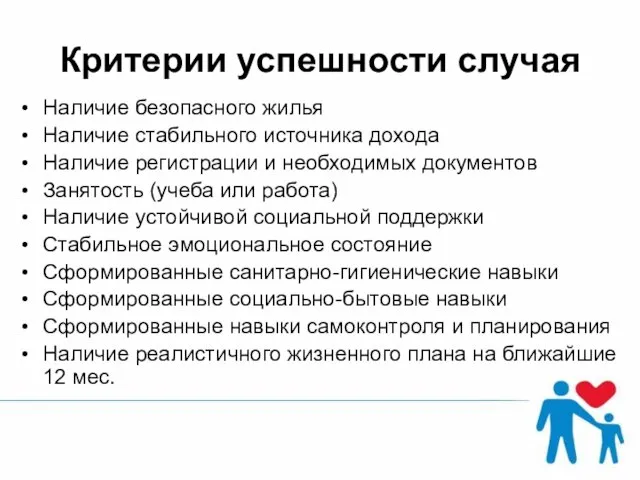 Критерии успешности случая Наличие безопасного жилья Наличие стабильного источника дохода Наличие регистрации