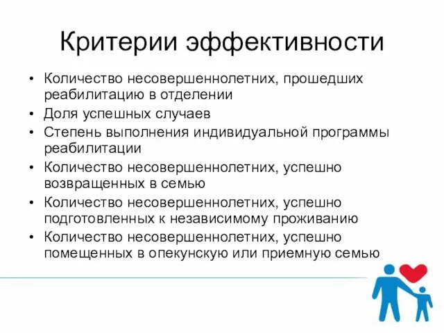 Критерии эффективности Количество несовершеннолетних, прошедших реабилитацию в отделении Доля успешных случаев Степень