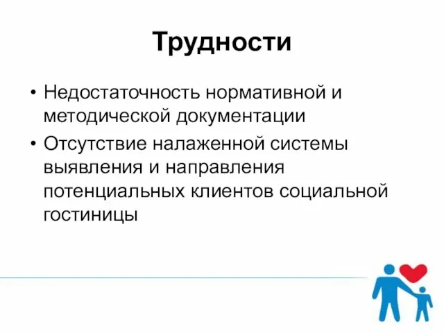 Трудности Недостаточность нормативной и методической документации Отсутствие налаженной системы выявления и направления потенциальных клиентов социальной гостиницы