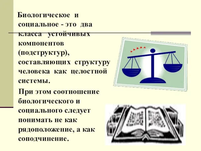 Биологическое и социальное - это два класса устойчивых компонентов (подструктур), составляющих структуру