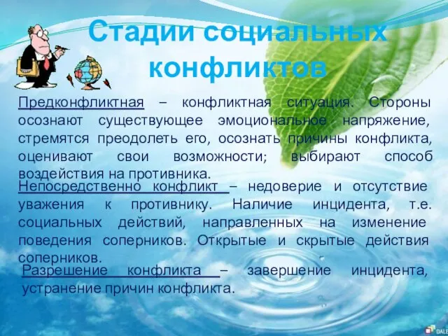 Стадии социальных конфликтов Предконфликтная – конфликтная ситуация. Стороны осознают существующее эмоциональное напряжение,