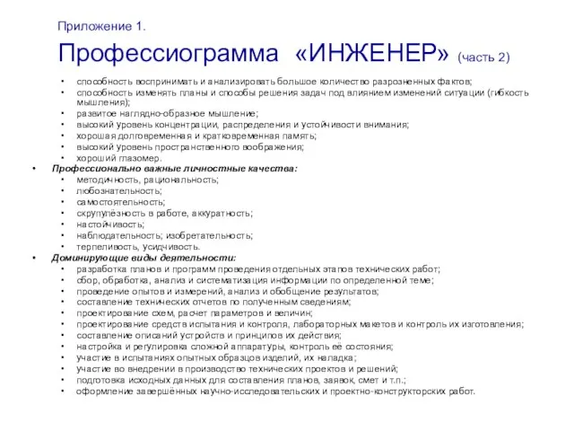 Приложение 1. Профессиограмма «ИНЖЕНЕР» (часть 2) способность воспринимать и анализировать большое количество