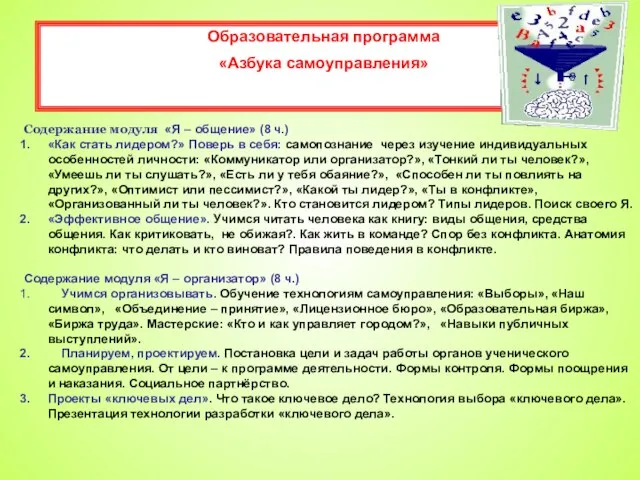 Образовательная программа «Азбука самоуправления» Содержание модуля «Я – общение» (8 ч.) «Как