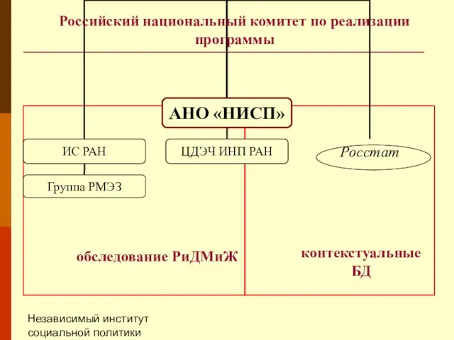 Независимый институт социальной политики (НИСП) Российский национальный комитет по реализации программы обследование РиДМиЖ контекстуальные БД