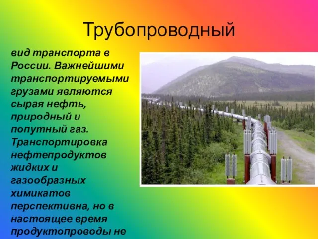 Трубопроводный вид транспорта в России. Важнейшими транспортируемыми грузами являются сырая нефть, природный