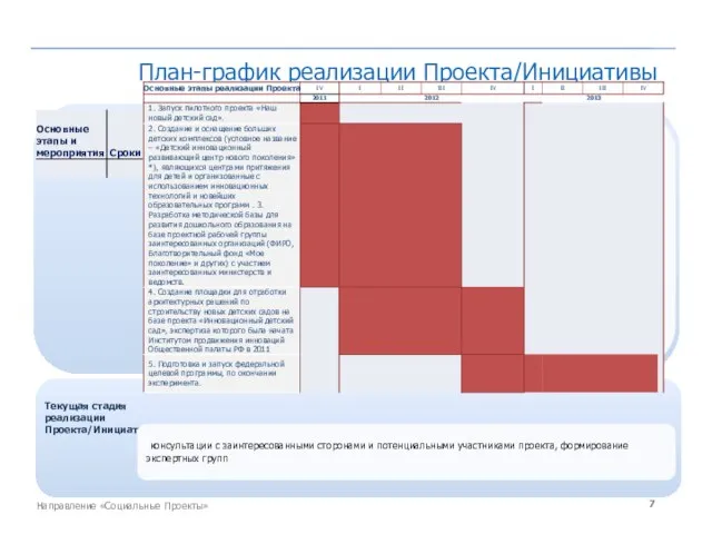 Направление «Социальные Проекты» План-график реализации Проекта/Инициативы Текущая стадия реализации Проекта/Инициативы консультации с