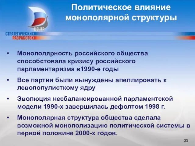 БЛАГОДАРЮ ЗА ВНИМАНИЕ Монополярность российского общества способстовала кризису российского парламентаризма в1990-е годы