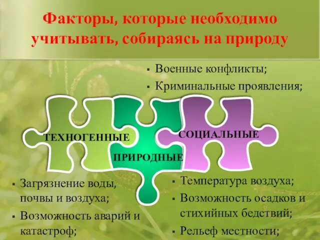 Температура воздуха; Возможность осадков и стихийных бедствий; Рельеф местности; Военные конфликты; Криминальные