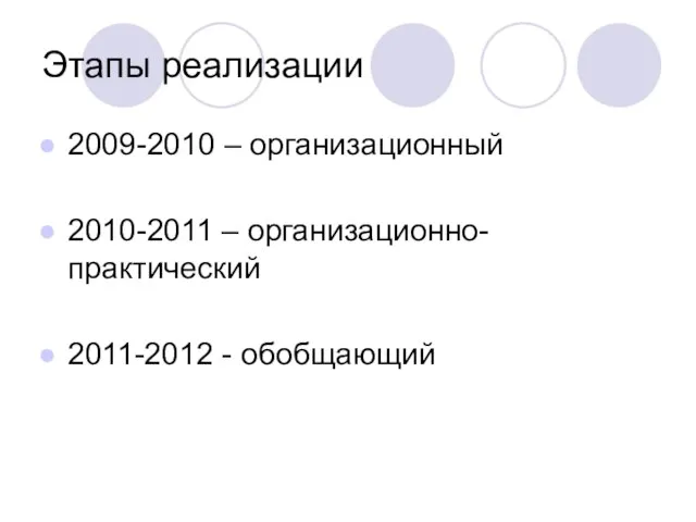 Этапы реализации 2009-2010 – организационный 2010-2011 – организационно-практический 2011-2012 - обобщающий