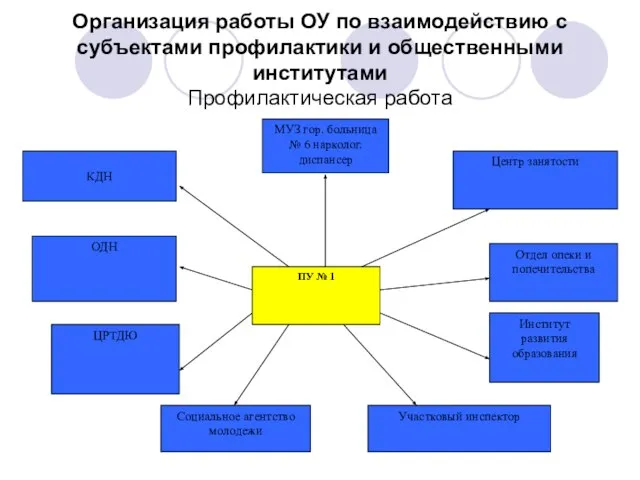 Организация работы ОУ по взаимодействию с субъектами профилактики и общественными институтами Профилактическая работа