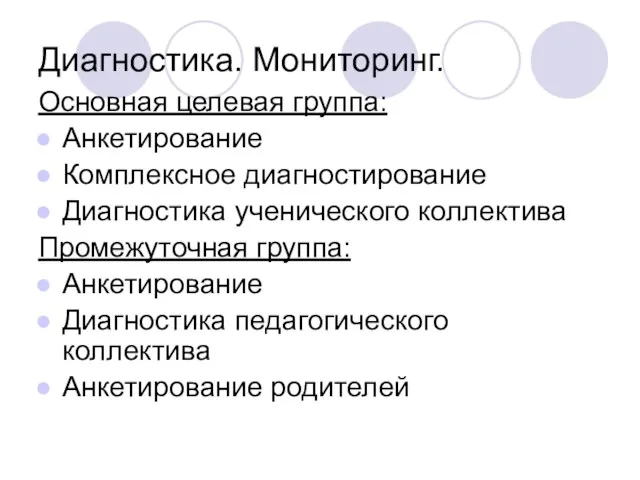 Диагностика. Мониторинг. Основная целевая группа: Анкетирование Комплексное диагностирование Диагностика ученического коллектива Промежуточная