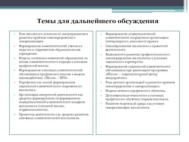 Темы для дальнейшего обсуждения Роль школьного (классного) самоуправления в развитии приёмов самоопределения