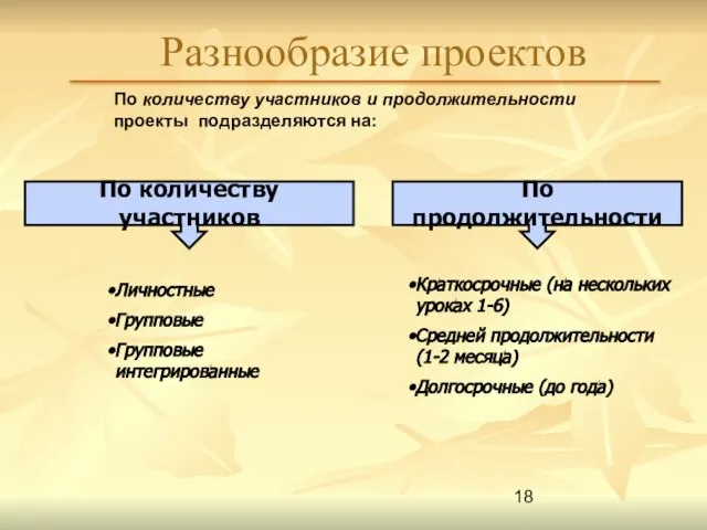 Разнообразие проектов По количеству участников и продолжительности проекты подразделяются на: По количеству