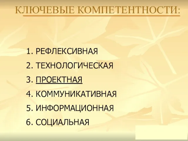 КЛЮЧЕВЫЕ КОМПЕТЕНТНОСТИ: 1. РЕФЛЕКСИВНАЯ 2. ТЕХНОЛОГИЧЕСКАЯ 3. ПРОЕКТНАЯ 4. КОММУНИКАТИВНАЯ 5. ИНФОРМАЦИОННАЯ 6. СОЦИАЛЬНАЯ