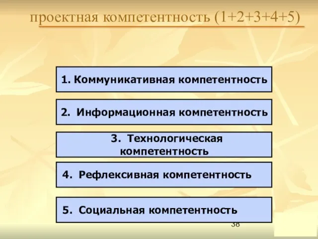 проектная компетентность (1+2+3+4+5) 1. Коммуникативная компетентность 2. Информационная компетентность 3. Технологическая компетентность