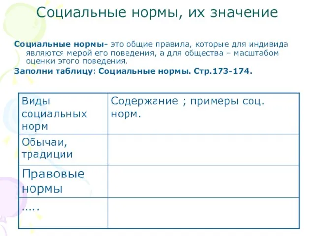 Социальные нормы, их значение Социальные нормы- это общие правила, которые для индивида