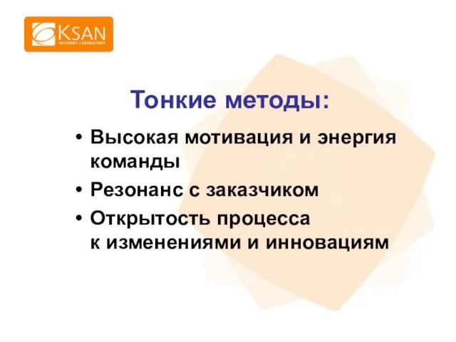 Высокая мотивация и энергия команды Резонанс с заказчиком Открытость процесса к изменениями и инновациям Тонкие методы: