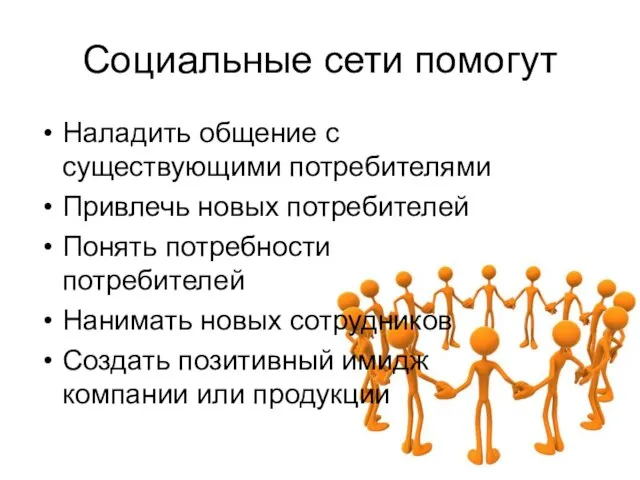 Социальные сети помогут Наладить общение с существующими потребителями Привлечь новых потребителей Понять