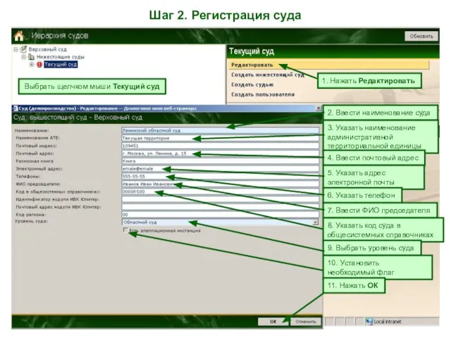 Шаг 2. Регистрация суда 1. Нажать Редактировать 2. Ввести наименование суда 3.