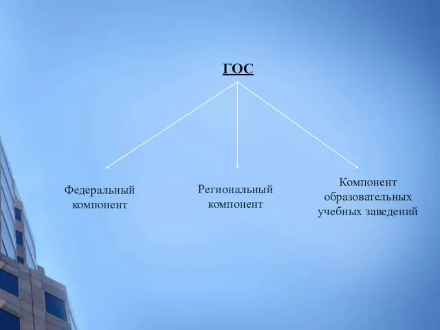 Компонент образовательных учебных заведений Региональный компонент Федеральный компонент ГОС