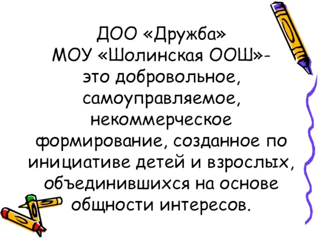 ДОО «Дружба» МОУ «Шолинская ООШ»- это добровольное, самоуправляемое, некоммерческое формирование, созданное по