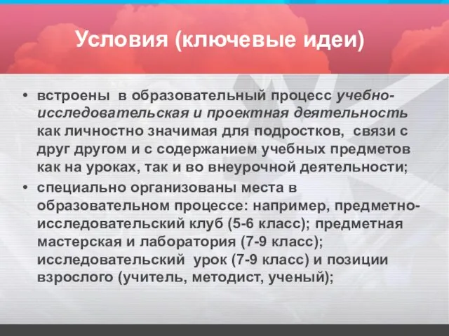 Условия (ключевые идеи) встроены в образовательный процесс учебно-исследовательская и проектная деятельность как