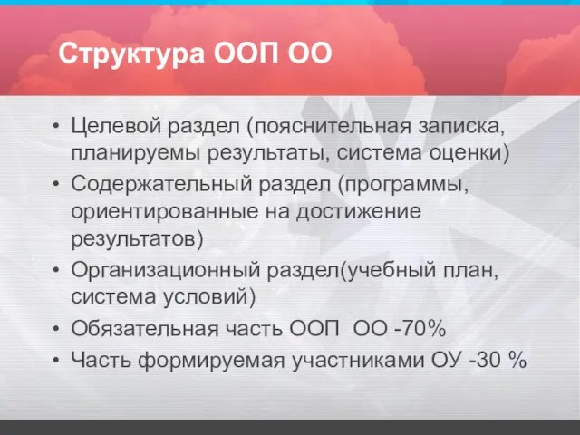 Структура ООП ОО Целевой раздел (пояснительная записка, планируемы результаты, система оценки) Содержательный