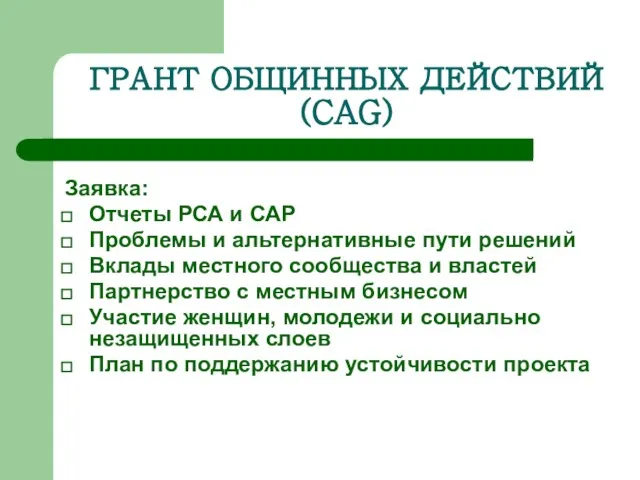 ГРАНТ ОБЩИННЫХ ДЕЙСТВИЙ (CAG) Заявка: Отчеты РСА и САР Проблемы и альтернативные